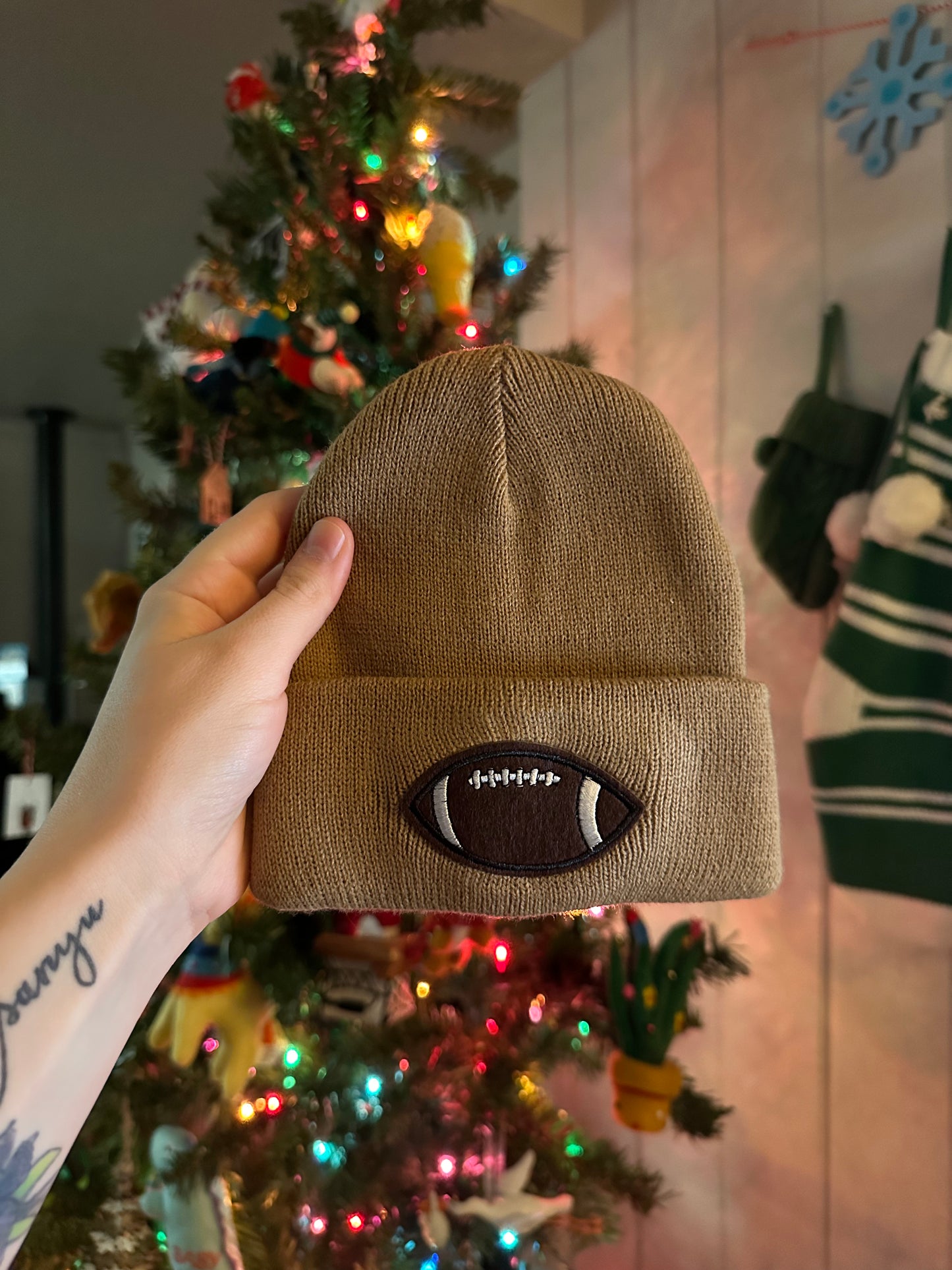 Baby Brown Football Patch Beanie
