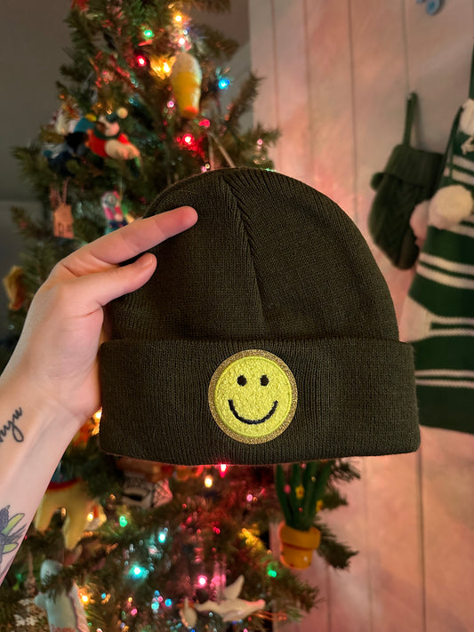 Toddler/Kids Forest Green Yellow Smiley Patch Beanie