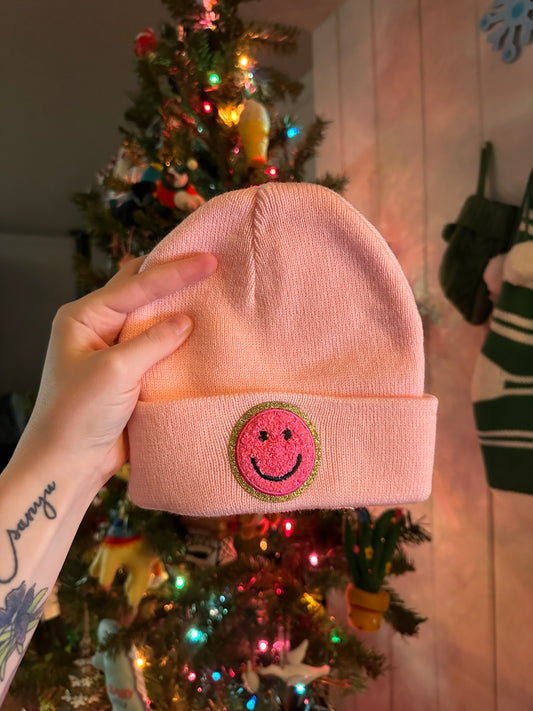 Toddler/Kids Light Pink Smiley Patch Beanie